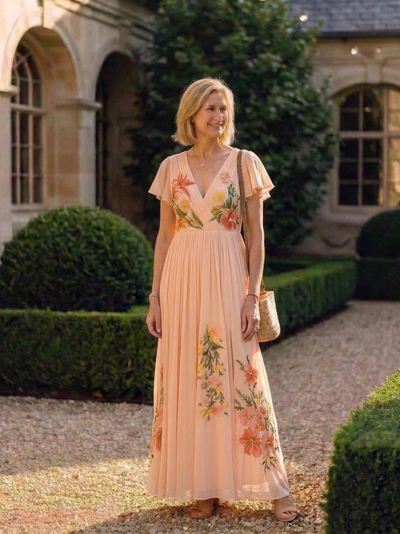 Floral V-Neck Floral Embroidered Flutter Sleeve Pleated Chiffon Maxi Gown
