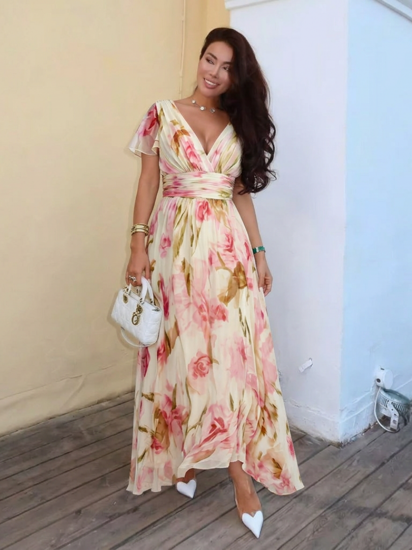 Pink V-Neck Floral Flutter Sleeve Ruched Waist Chiffon Maxi Dress