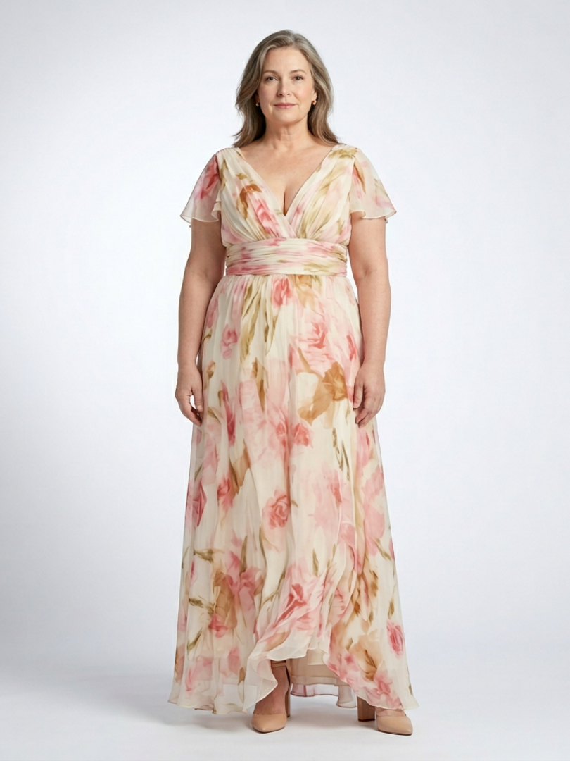 Pink V-Neck Floral Flutter Sleeve Ruched Waist Chiffon Maxi Dress