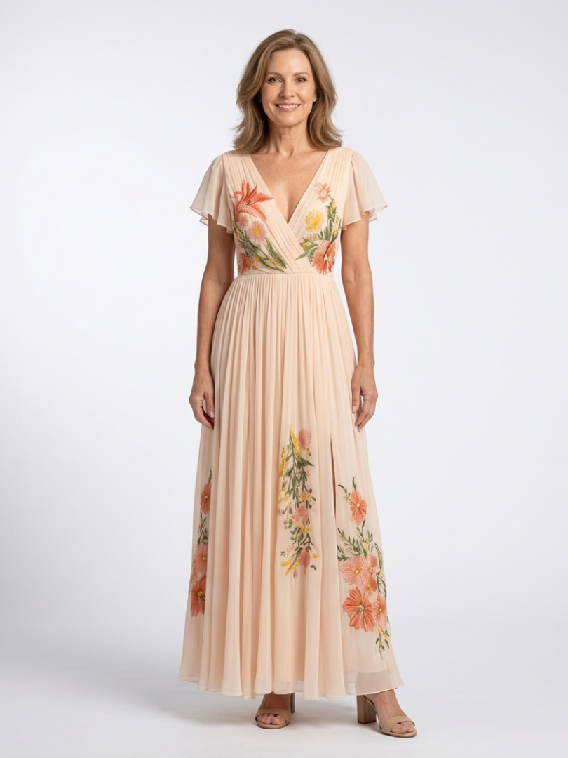 Floral V-Neck Floral Embroidered Flutter Sleeve Pleated Chiffon Maxi Gown