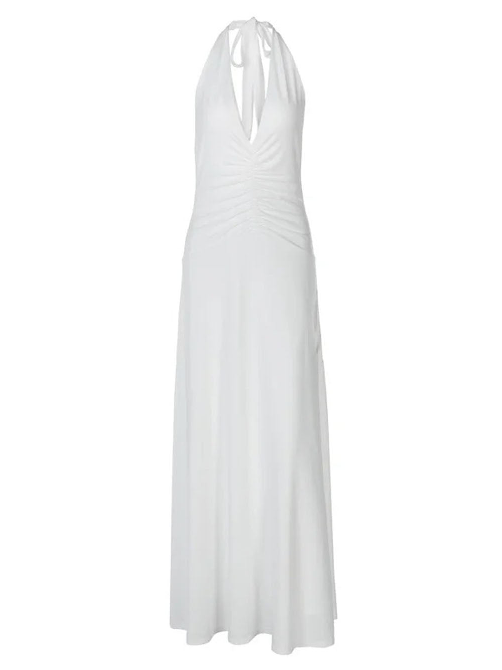 White Halter Neck Deep V-Neck Horizontal Ruched Bodycon Maxi Dress 9