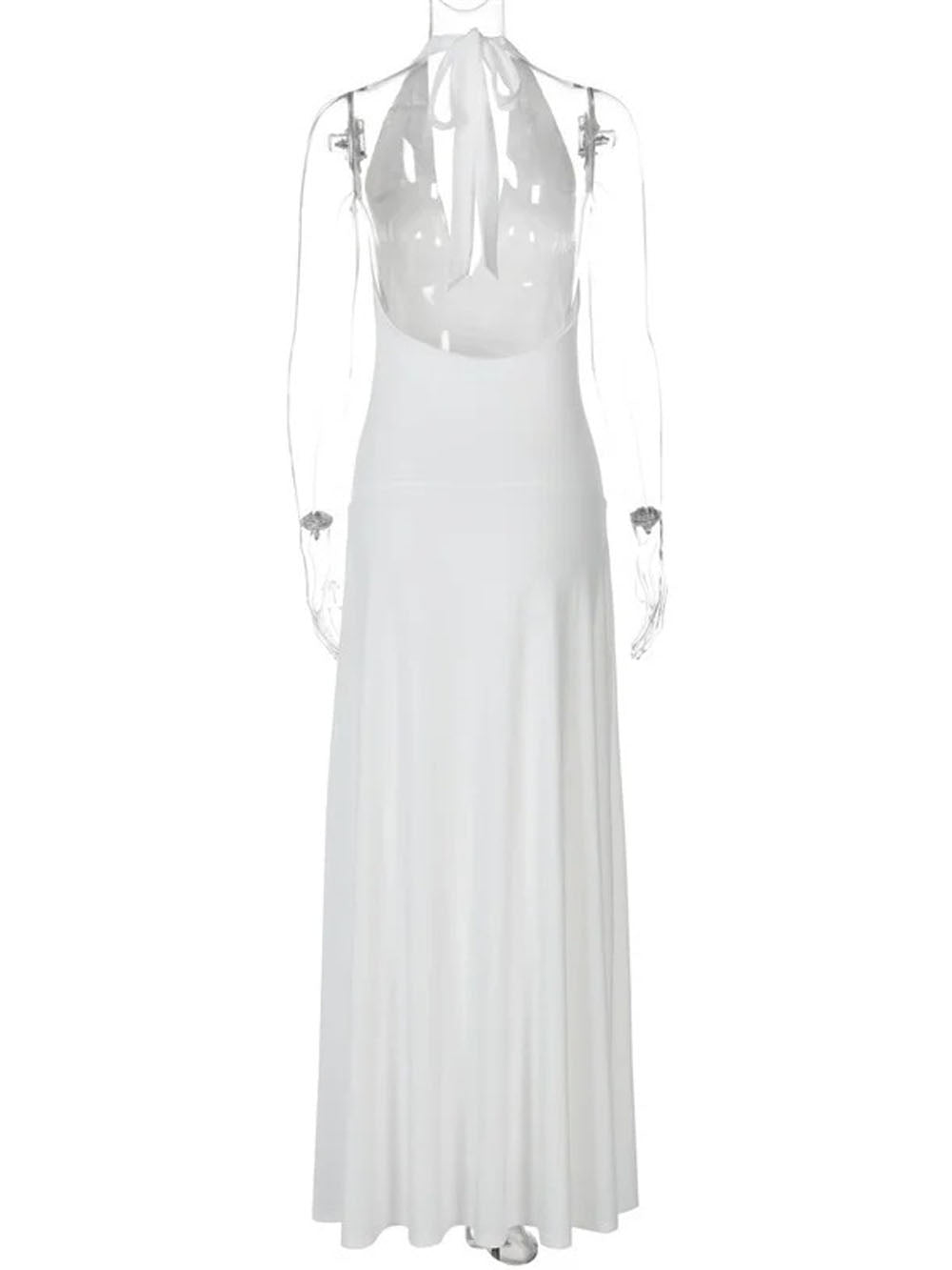 White Halter Neck Deep V-Neck Horizontal Ruched Bodycon Maxi Dress 12
