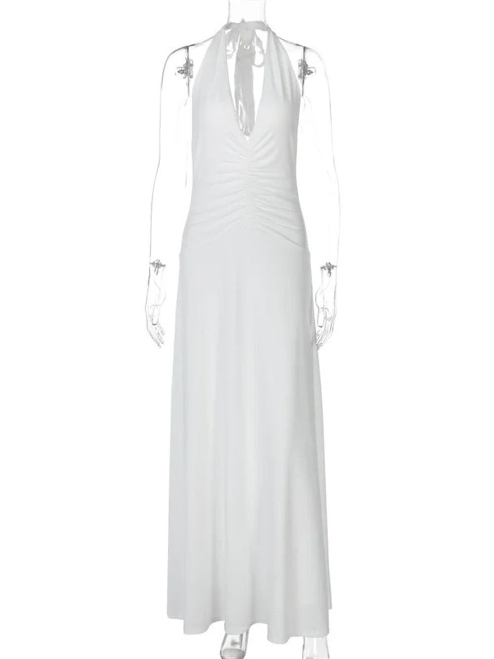White Halter Neck Deep V-Neck Horizontal Ruched Bodycon Maxi Dress 10