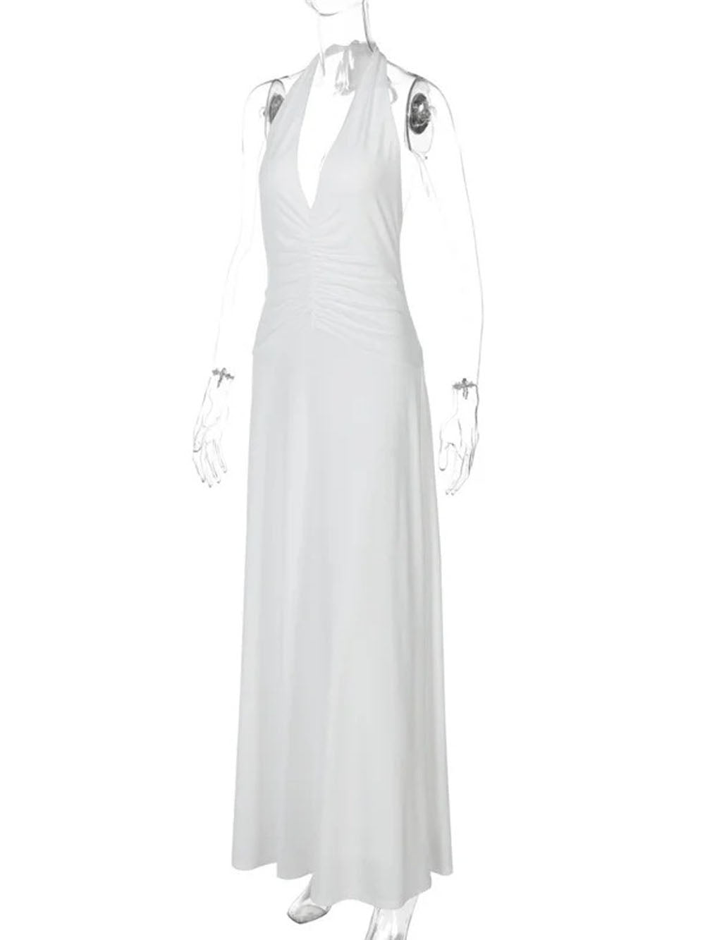 White Halter Neck Deep V-Neck Horizontal Ruched Bodycon Maxi Dress 11