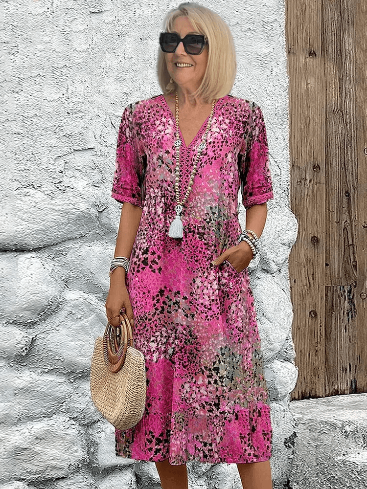 V-Neck Crochet Trim Abstract Floral Print Short Sleeve Tiered Midi Dress