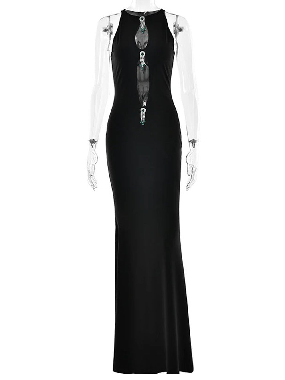Black Halter Neck Keyhole Cut Out Jeweled Brooch Bodycon Maxi Gown 7