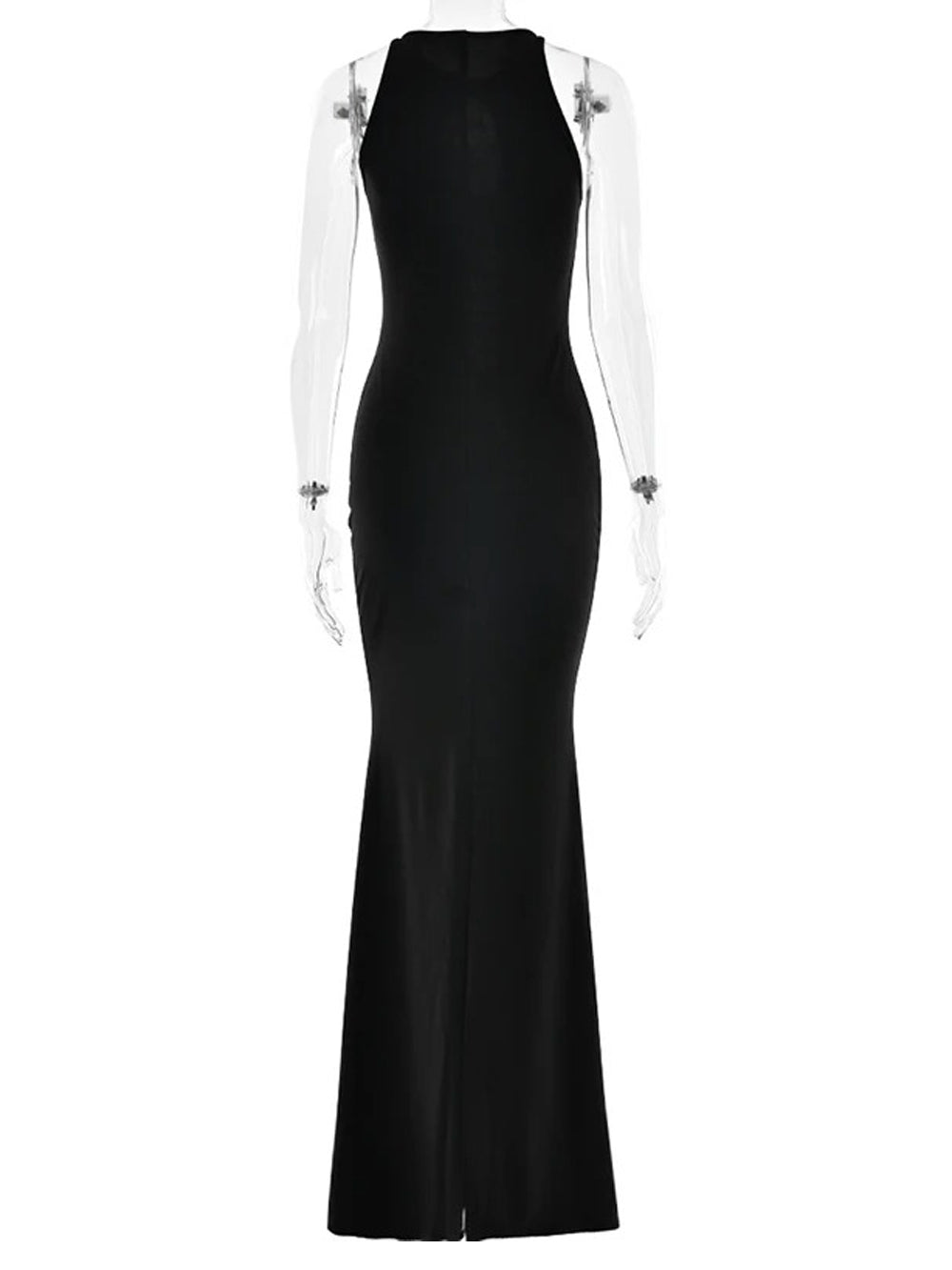 Black Halter Neck Keyhole Cut Out Jeweled Brooch Bodycon Maxi Gown 3