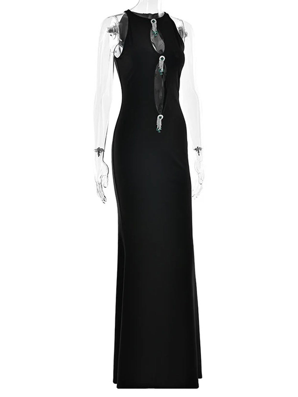 Black Halter Neck Keyhole Cut Out Jeweled Brooch Bodycon Maxi Gown 2
