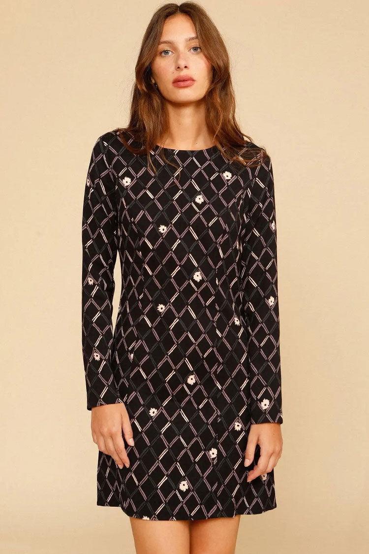 Black Round Neck Argyle Floral Print Long Sleeve Shift Mini Dress