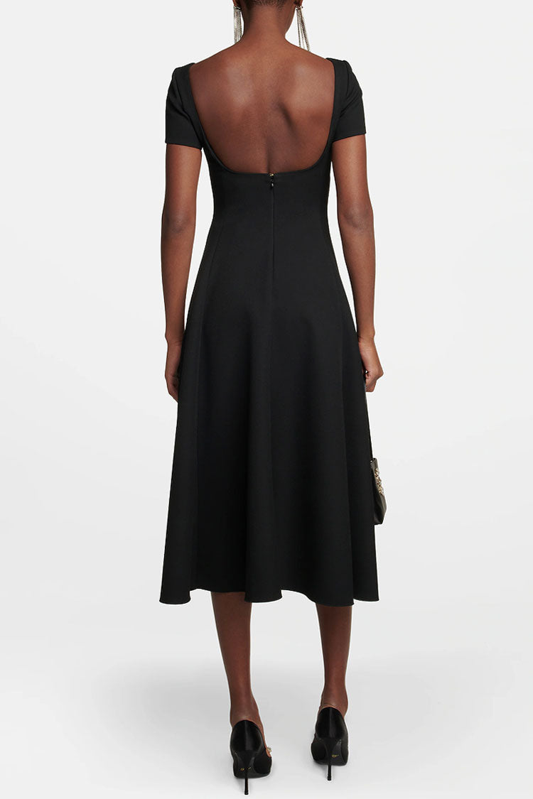 Black Boat Neck Short Sleeve Fit And Flare A-Line Midi Dress 2