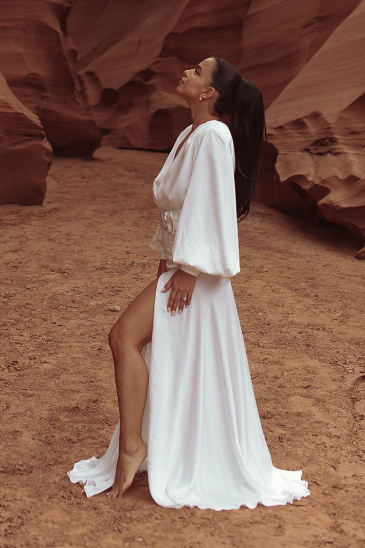 White Deep V-Neck Bishop Sleeve Satin High Slit Maxi Gown