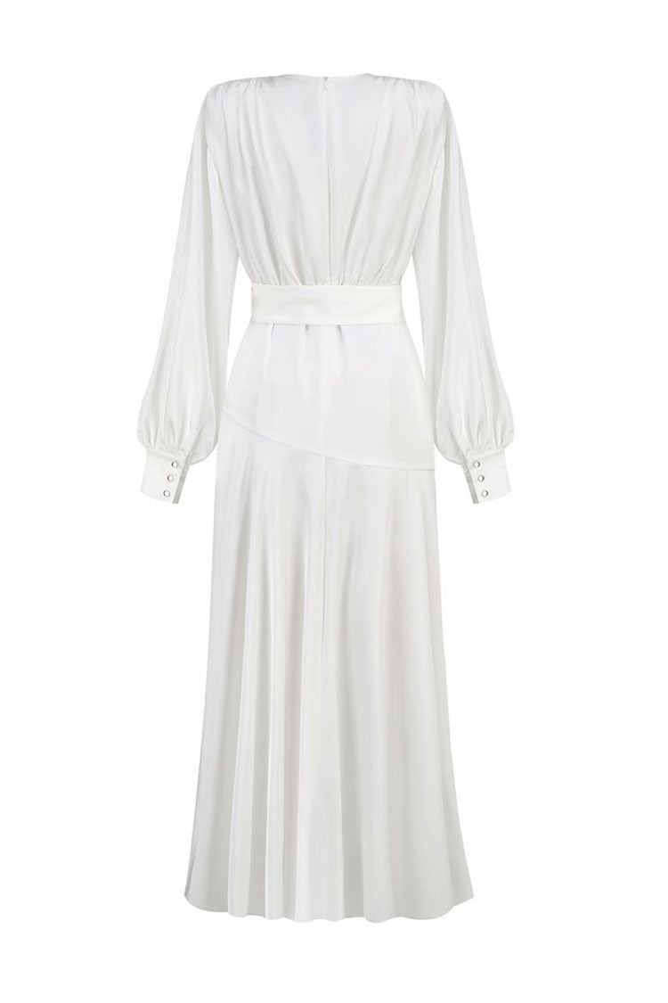 White Deep V-Neck Bishop Sleeve Satin High Slit Maxi Gown