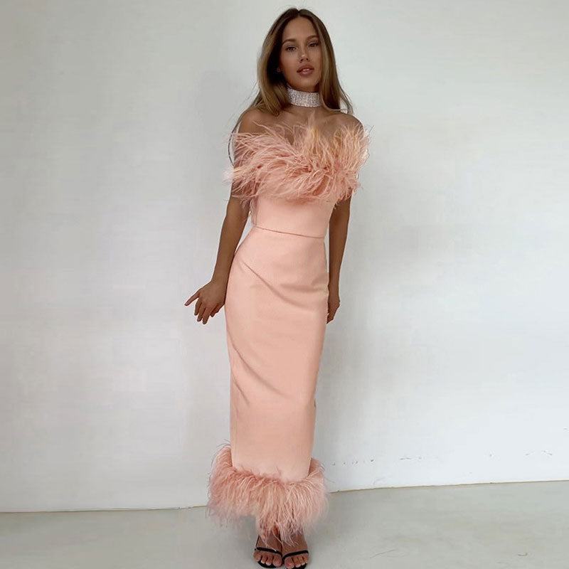 Pink Strapless Feather Trim Hem Bodycon Maxi Dress