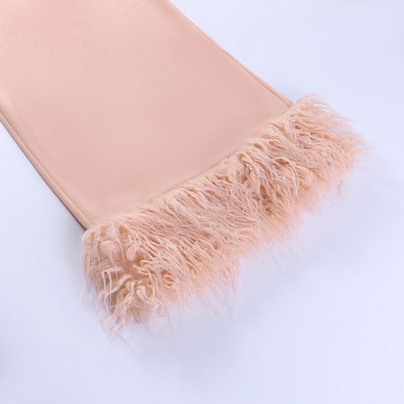 Pink Strapless Feather Trim Hem Bodycon Maxi Dress