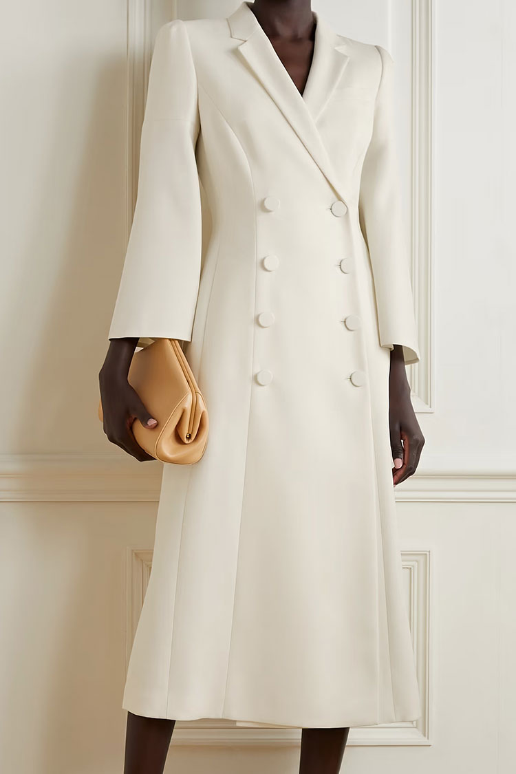White Lapel Collar Long Sleeve Double Breasted Tailored Blazer Midi Dress
