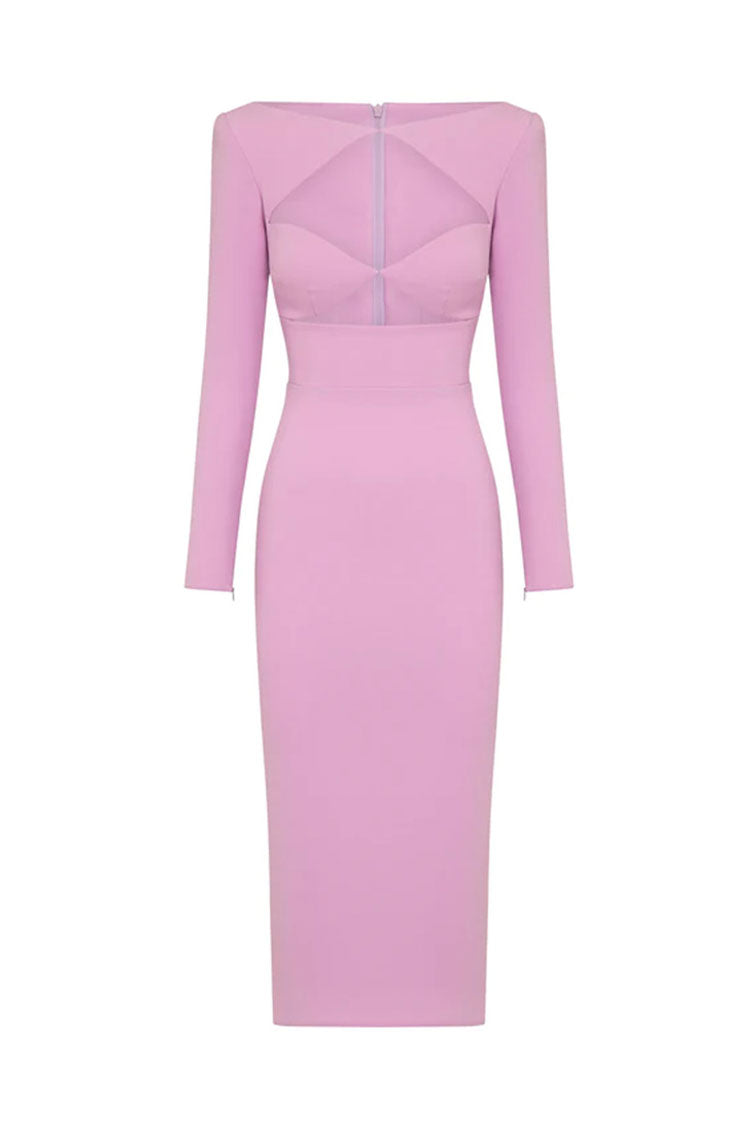 Pink Round Neck Long Sleeve Twist Front Cutout Bandage Bodycon Midi Dress