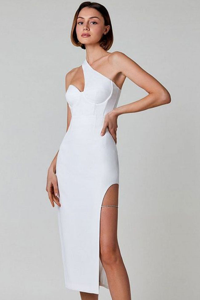 White One Shoulder Bustier Cutout High Slit Bodycon Midi Dress 2