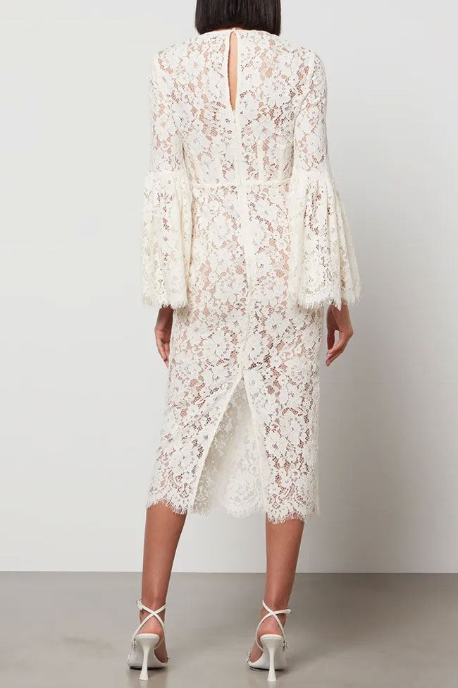 White Round Neck Bell Sleeve Eyelash Lace Sheath Midi Dress