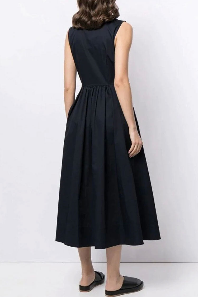 Black Collared Sleeveless Button Down Pocket A-Line Midi Dress