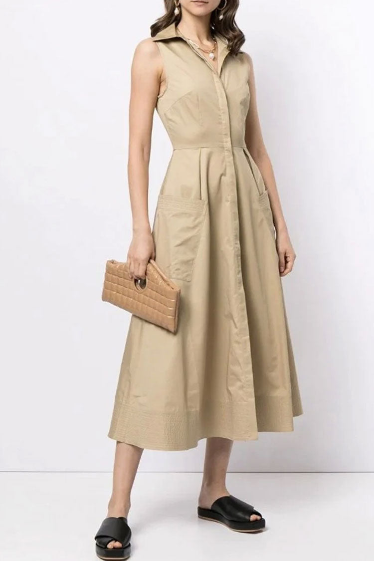 Khaki Collared Sleeveless Button Down Pocket A-Line Midi Dress