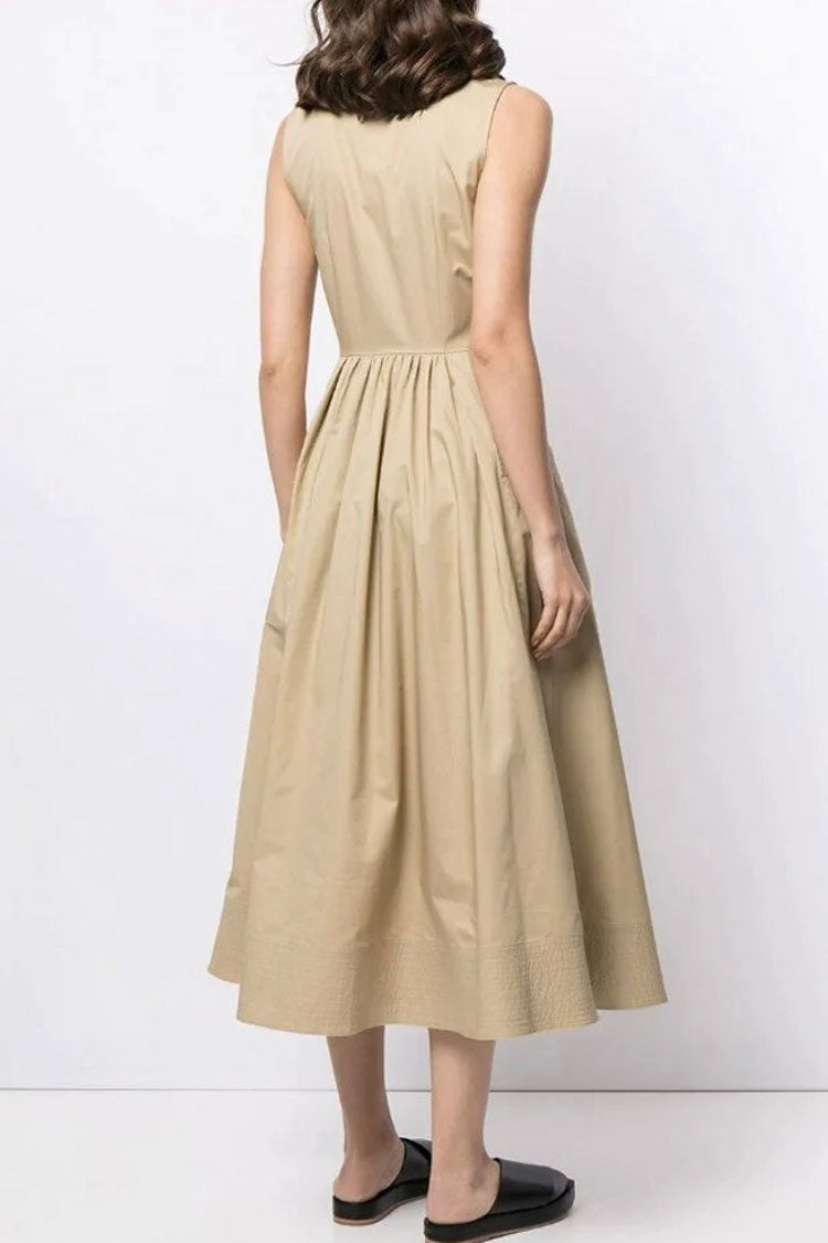 Khaki Collared Sleeveless Button Down Pocket A-Line Midi Dress 2