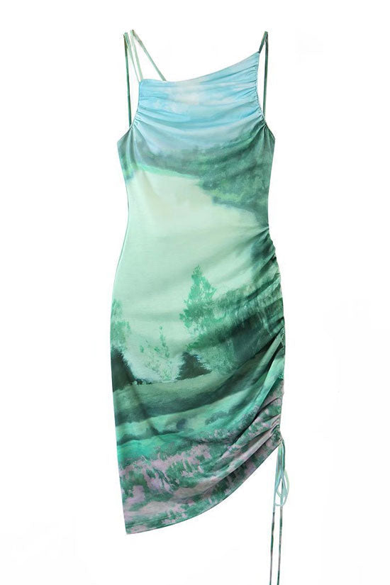 Green Sleeveless Ruched Printed Bodycon Mini Dress