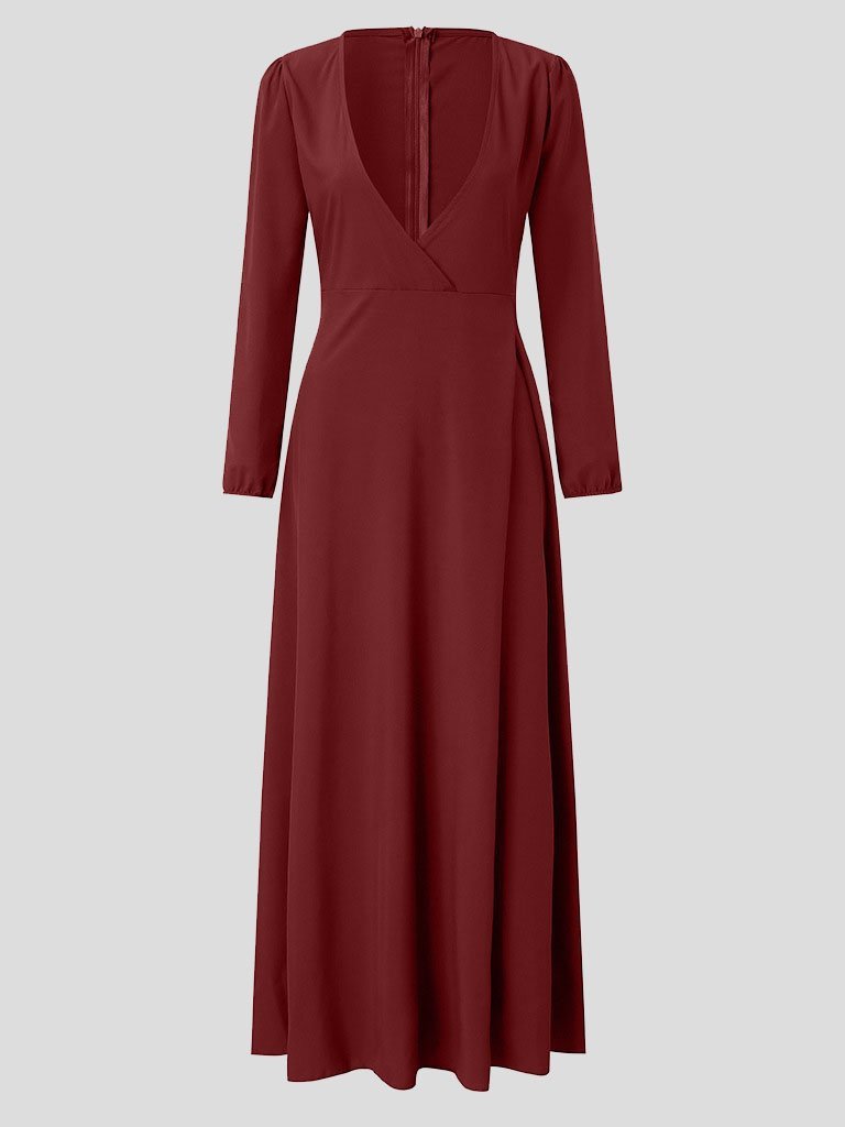 Elegant Solid V neck Lace up Dress