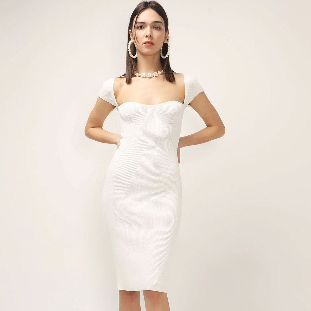 White Sweetheart Neck Cap Sleeve Ribbed Knit Bodycon Midi Dress