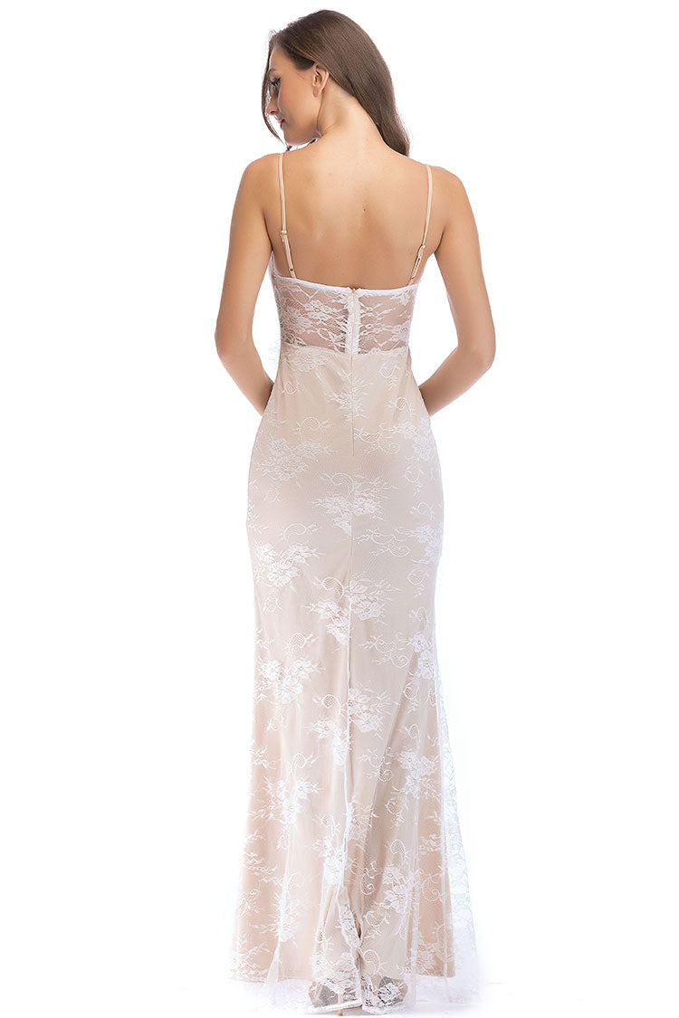 Beige Sweetheart Spaghetti Strap Lace High Slit Mermaid Maxi Dress
