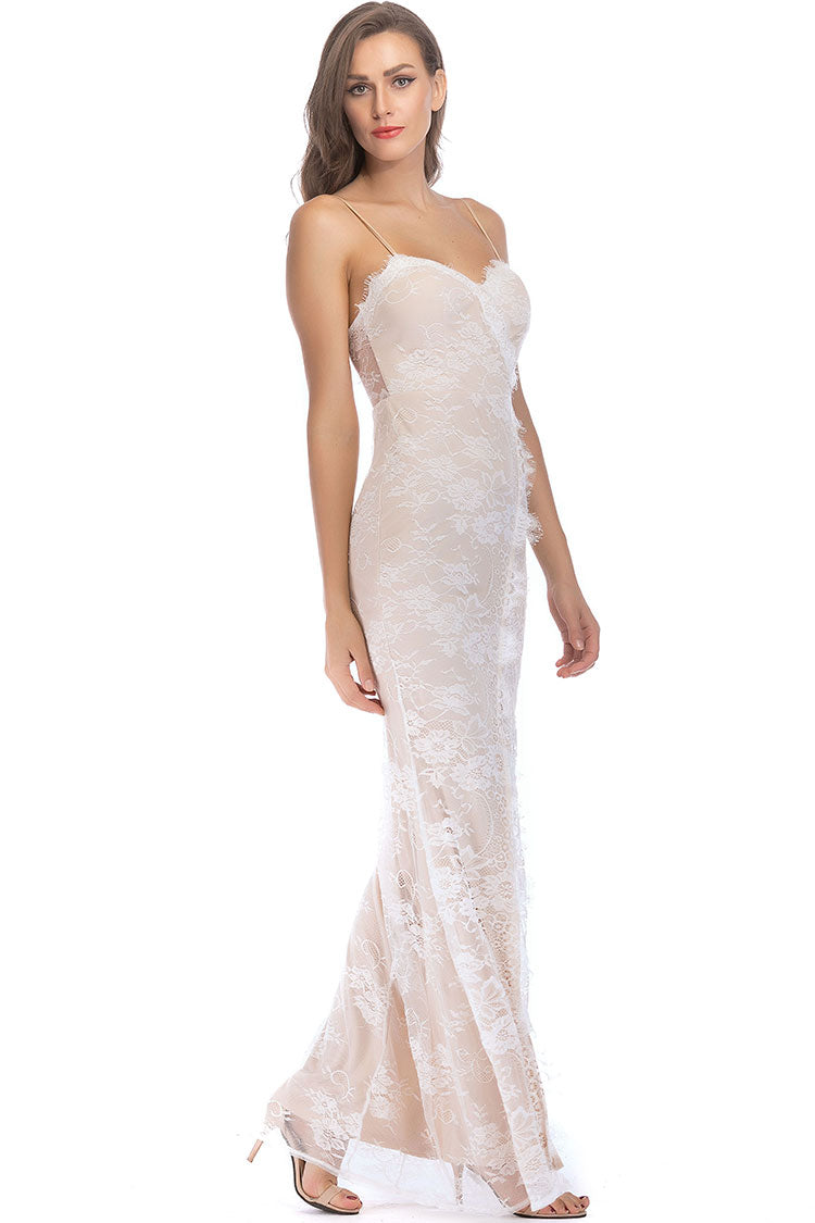 Beige Sweetheart Spaghetti Strap Lace High Slit Mermaid Maxi Dress