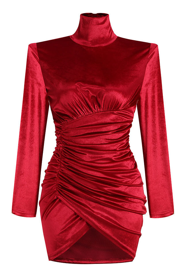 Hot Pink Turtleneck Long Sleeve Ruched Velvet Wrap Bodycon Mini Dress