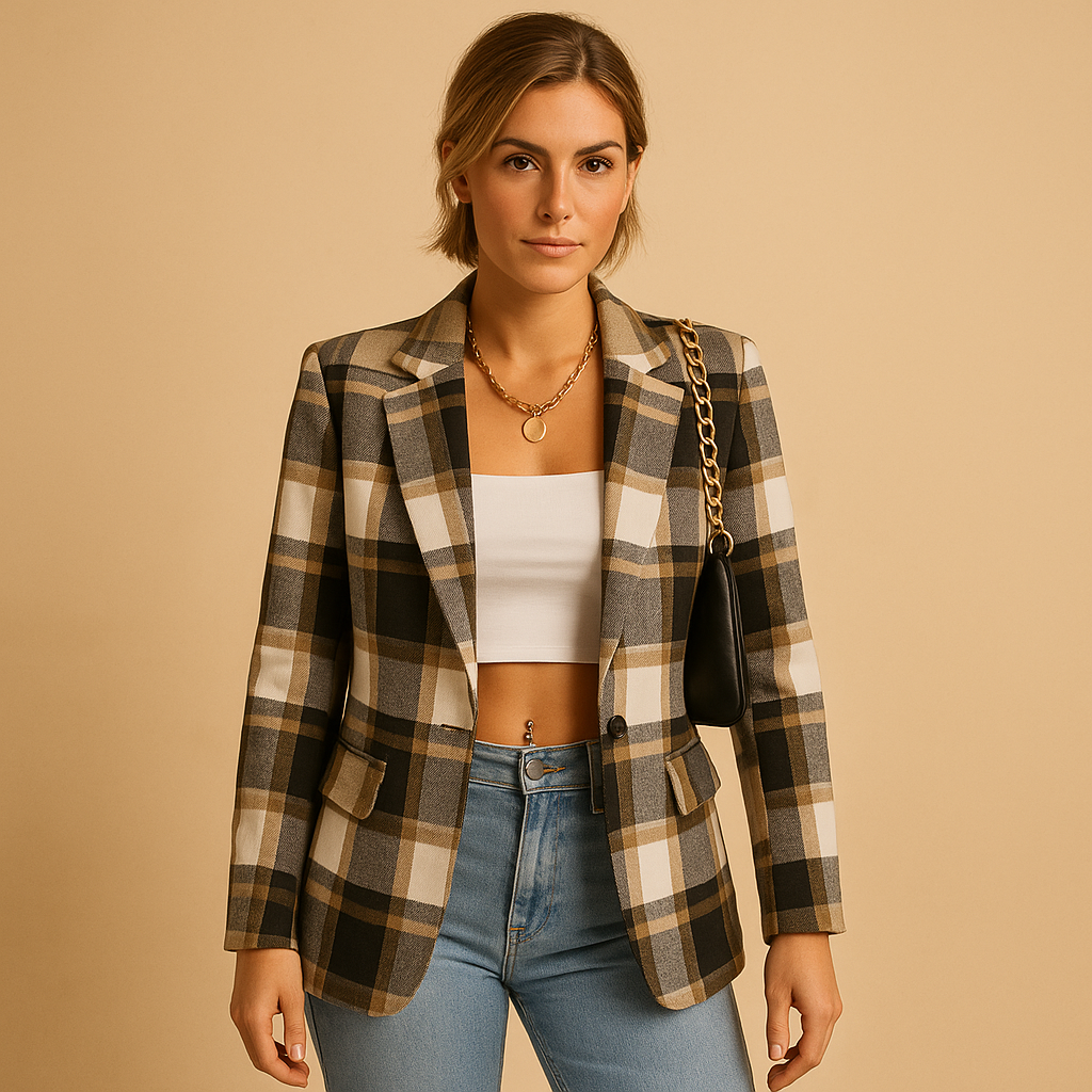 Notched Lapel Plaid Single Button Tailored Blazer