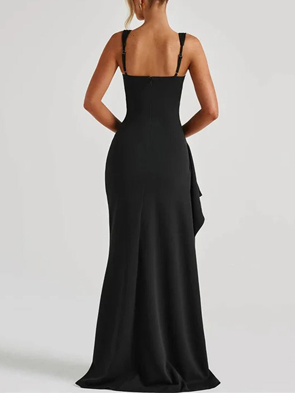Black Square Neck Wide Strap Ruched Side Slit Cascade Ruffle Column Maxi Dress 3
