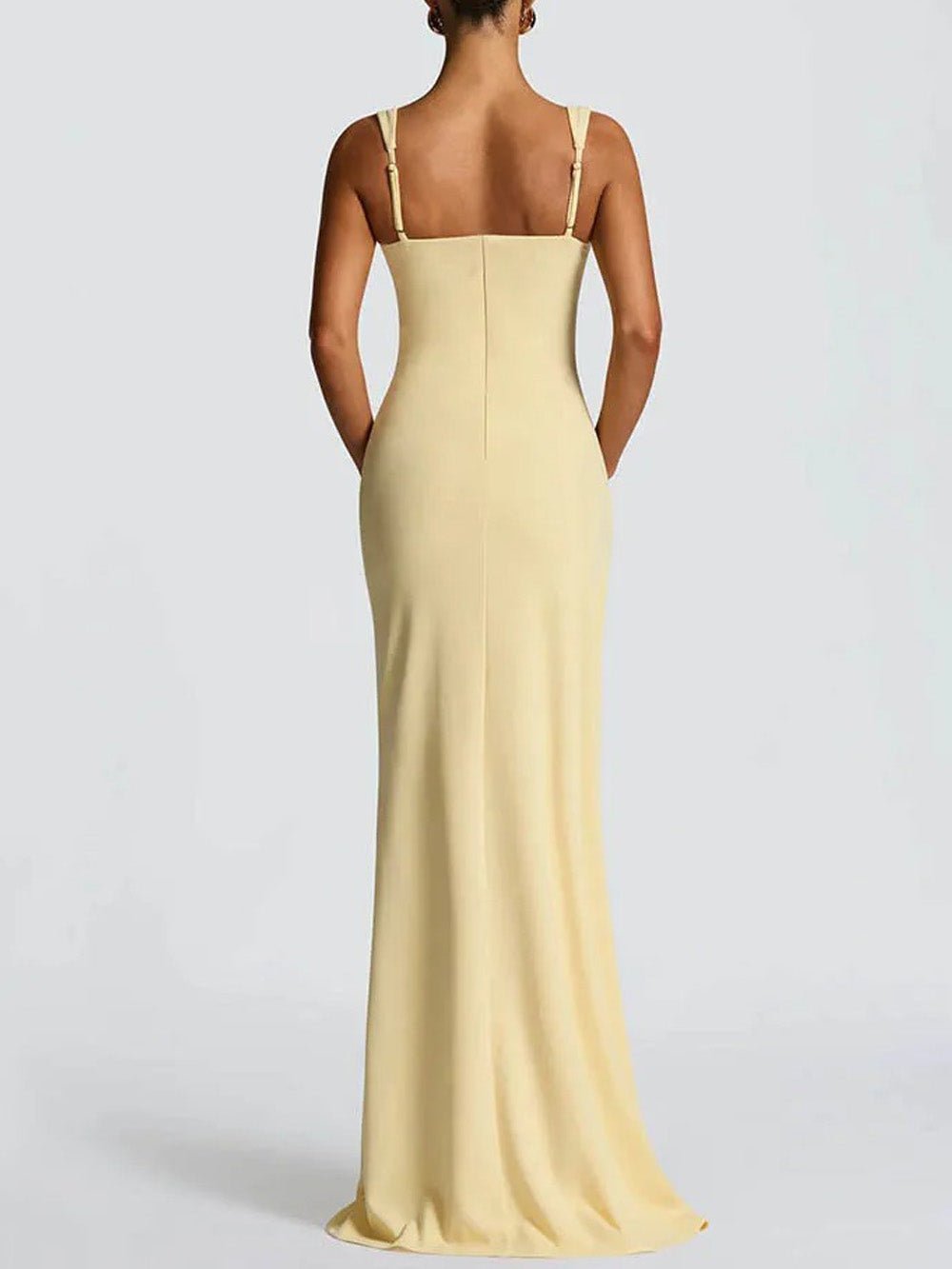 Yellow Square Neck Wide Strap Ruched Side Slit Cascade Ruffle Column Maxi Dress 2