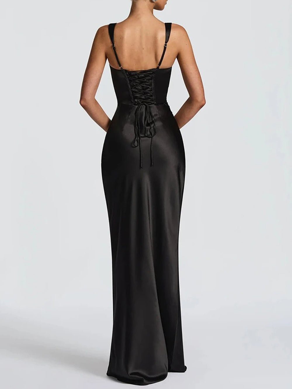 Black Square Neck Wide Strap Ruched Satin Column Maxi Gown 2