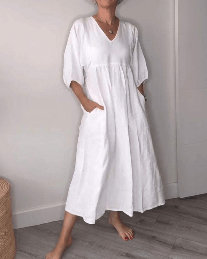 V-Neck Linen Short Sleeve Pocket Babydoll A-Line Maxi Dress