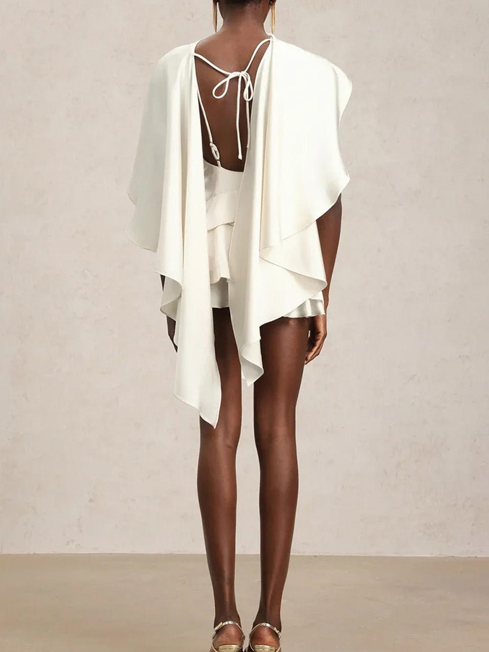 White One Shoulder Cape Overlay Tiered Ruffle Mini Dress 2