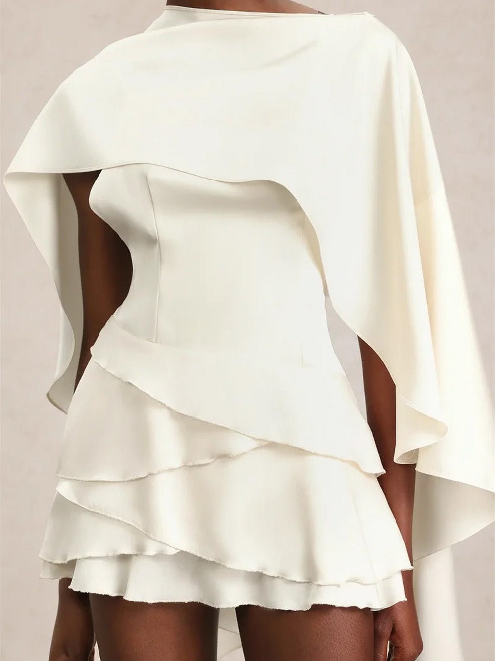 White One Shoulder Cape Overlay Tiered Ruffle Mini Dress 3