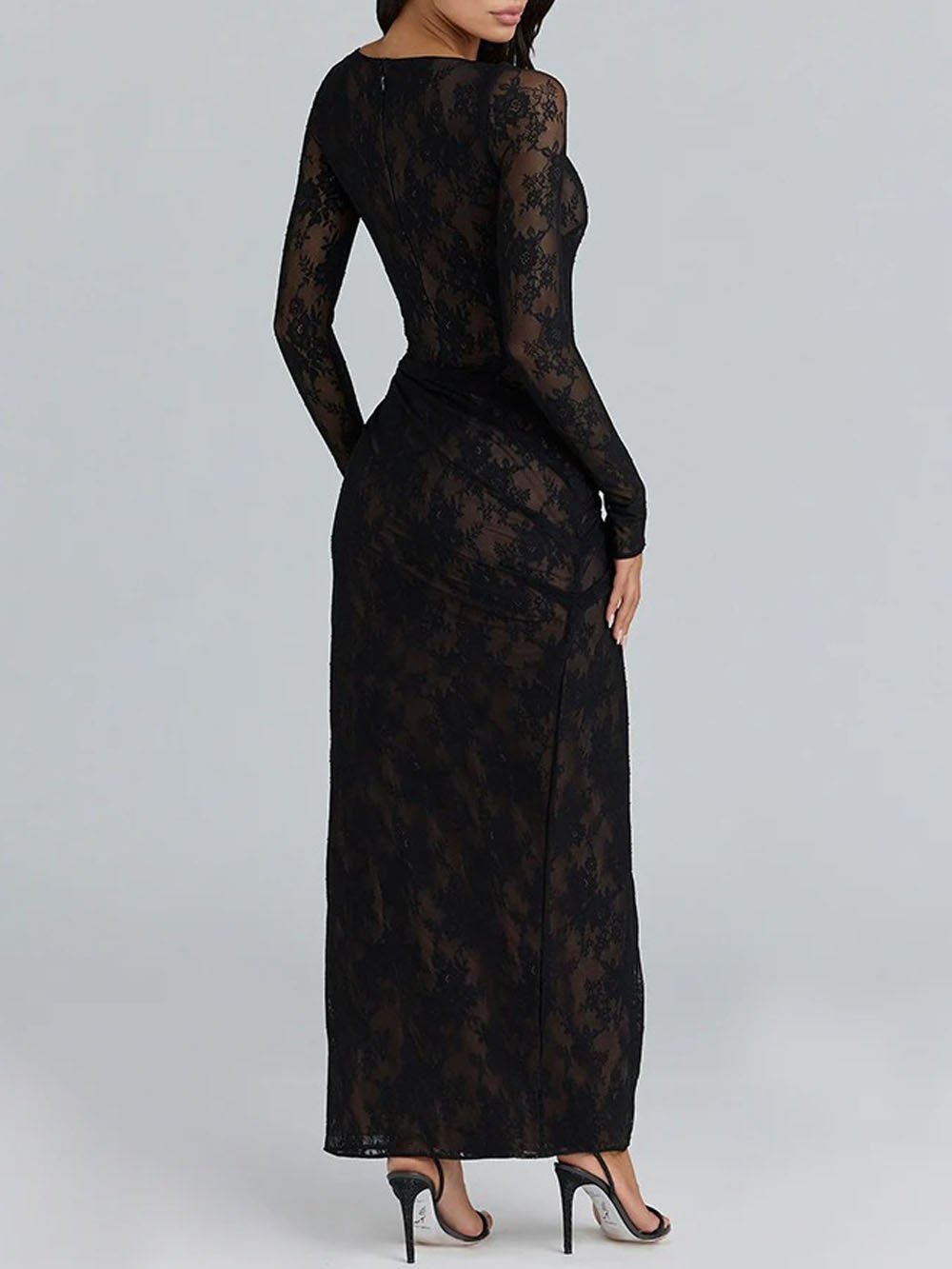 Black Lace Boat Neck Long Sleeve Ruched High Split Maxi Dress 2