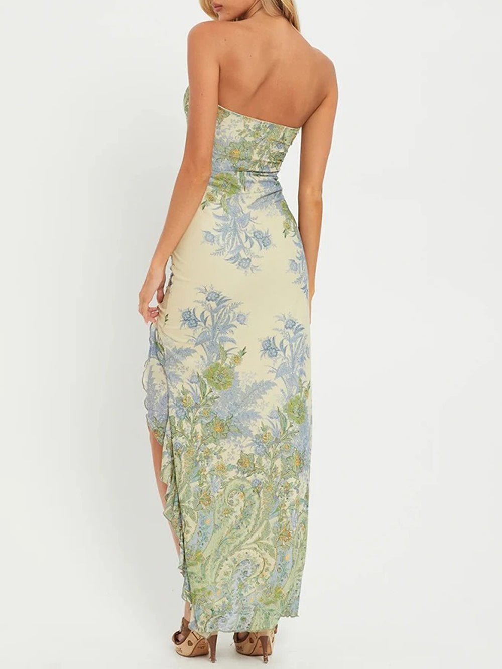 Green Floral Print Strapless Ruffle Trim High Split Bodycon Maxi Dress 2