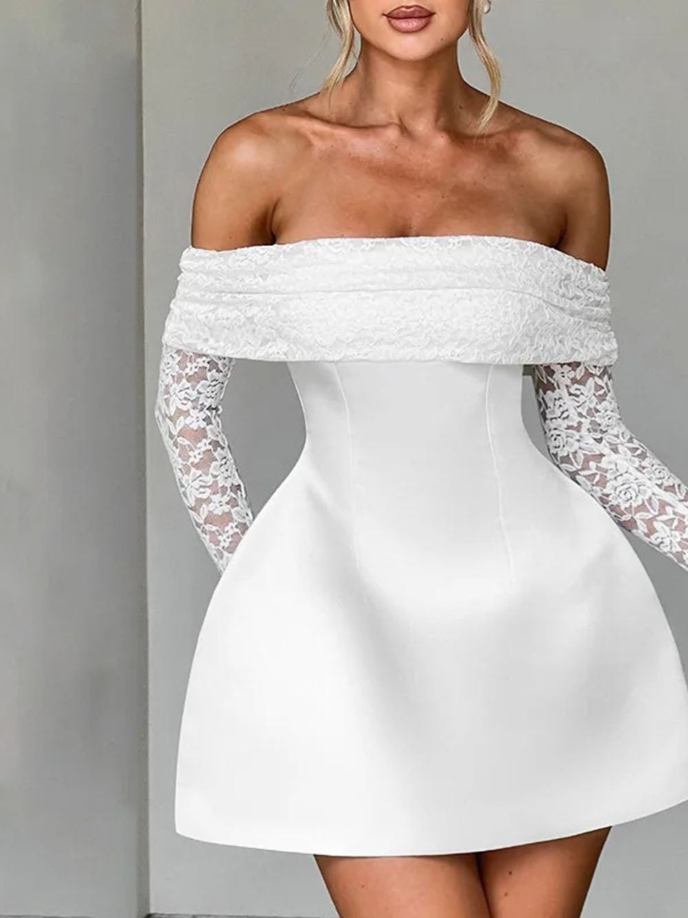 White Off Shoulder Lace Sleeve Fit and Flare Satin Mini Dress 3