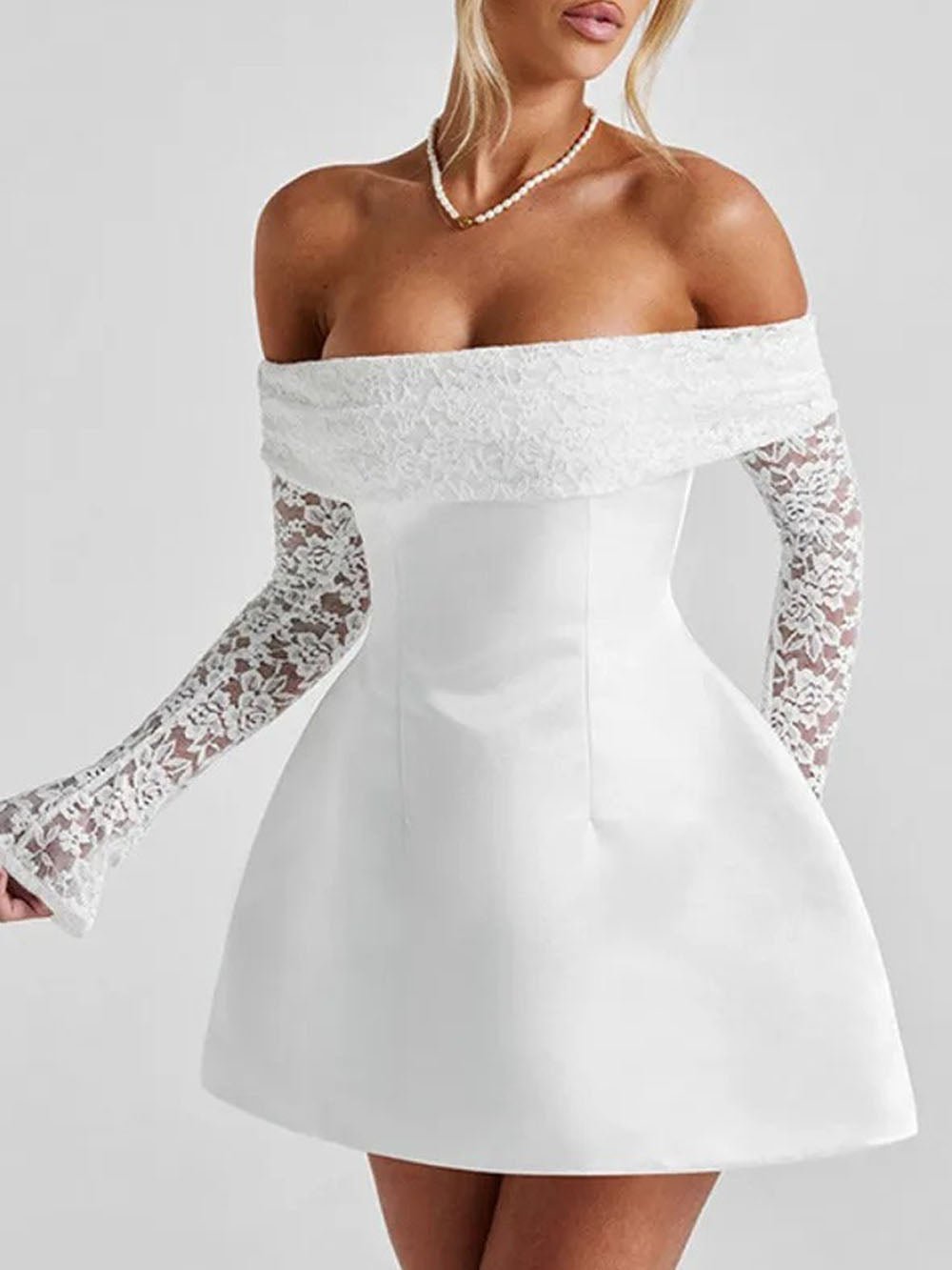 White Off Shoulder Lace Sleeve Fit and Flare Satin Mini Dress 4