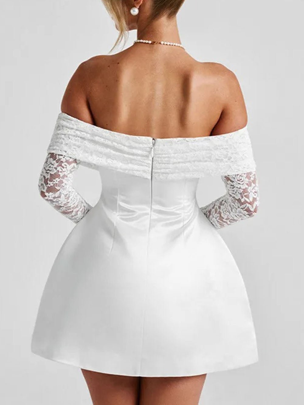 White Off Shoulder Lace Sleeve Fit and Flare Satin Mini Dress 2