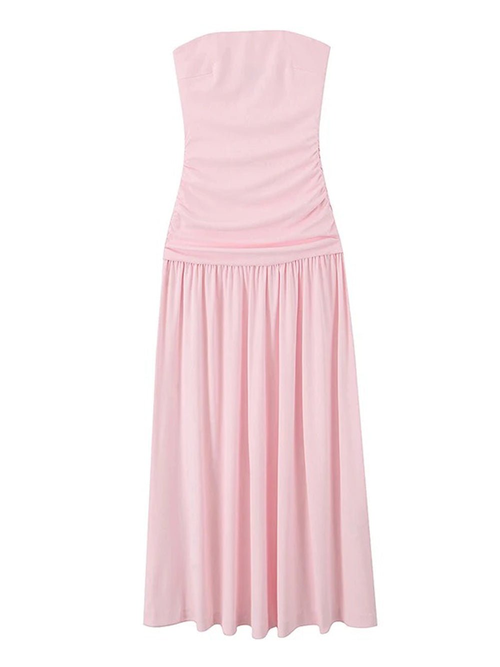 Pink Strapless Ruched Gathered Bodice Pleated Flowy Maxi Dress 3