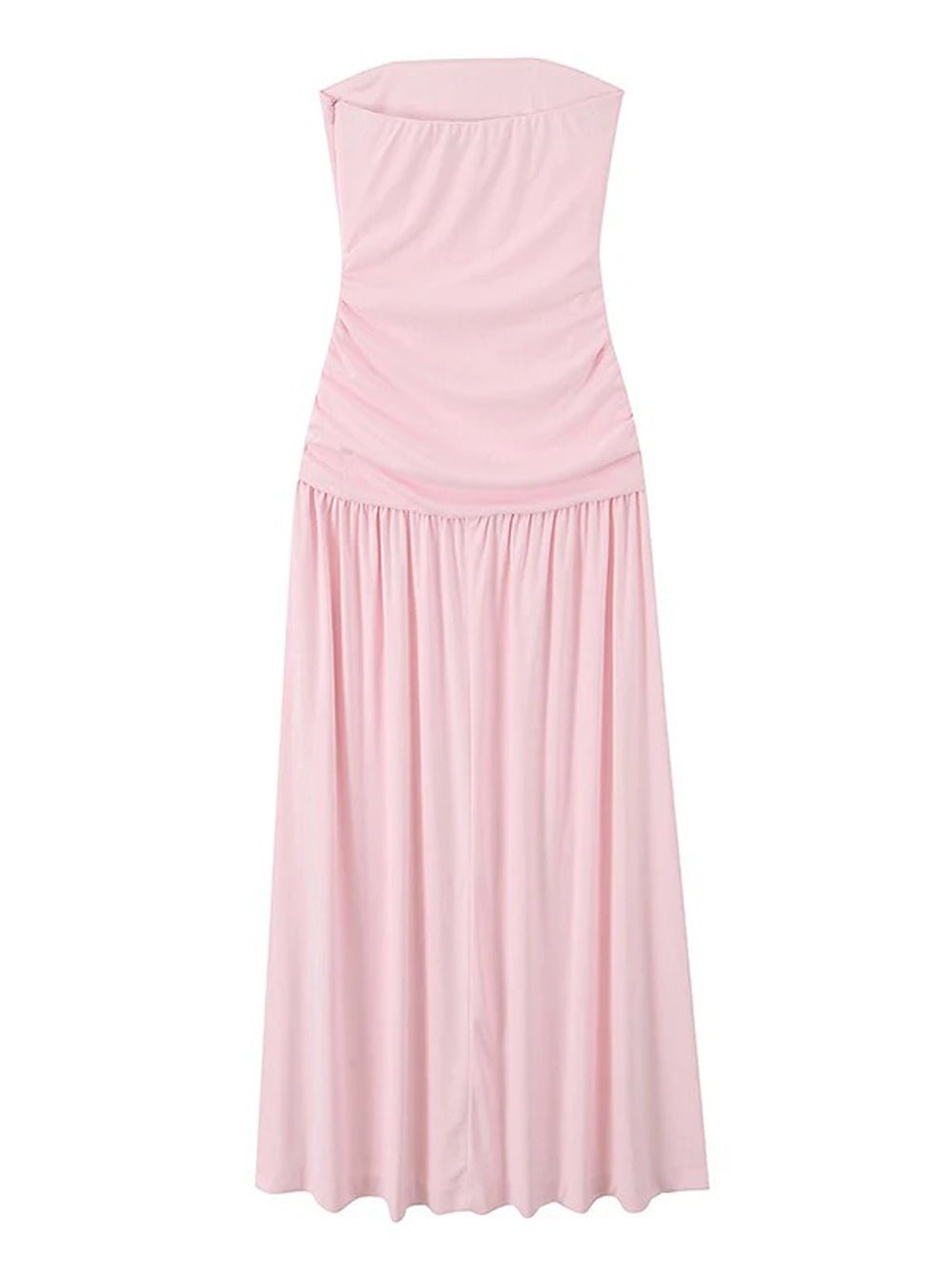 Pink Strapless Ruched Gathered Bodice Pleated Flowy Maxi Dress 2