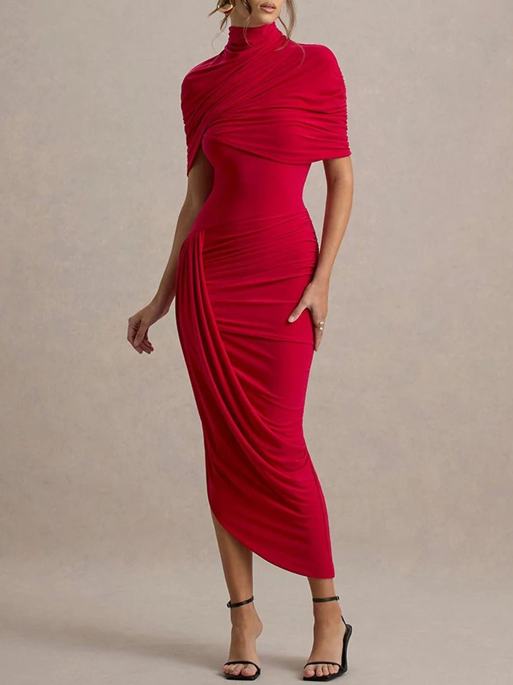 Mock Neck Asymmetric Drape Ruched Tulip Wrap Hem Maxi Dress 3