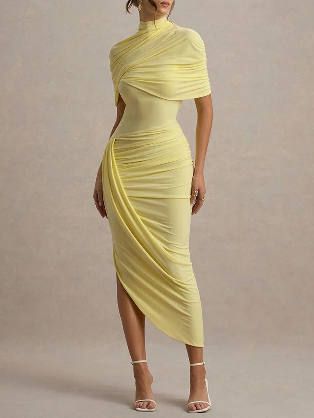 Mock Neck Asymmetric Drape Ruched Tulip Wrap Hem Maxi Dress 6