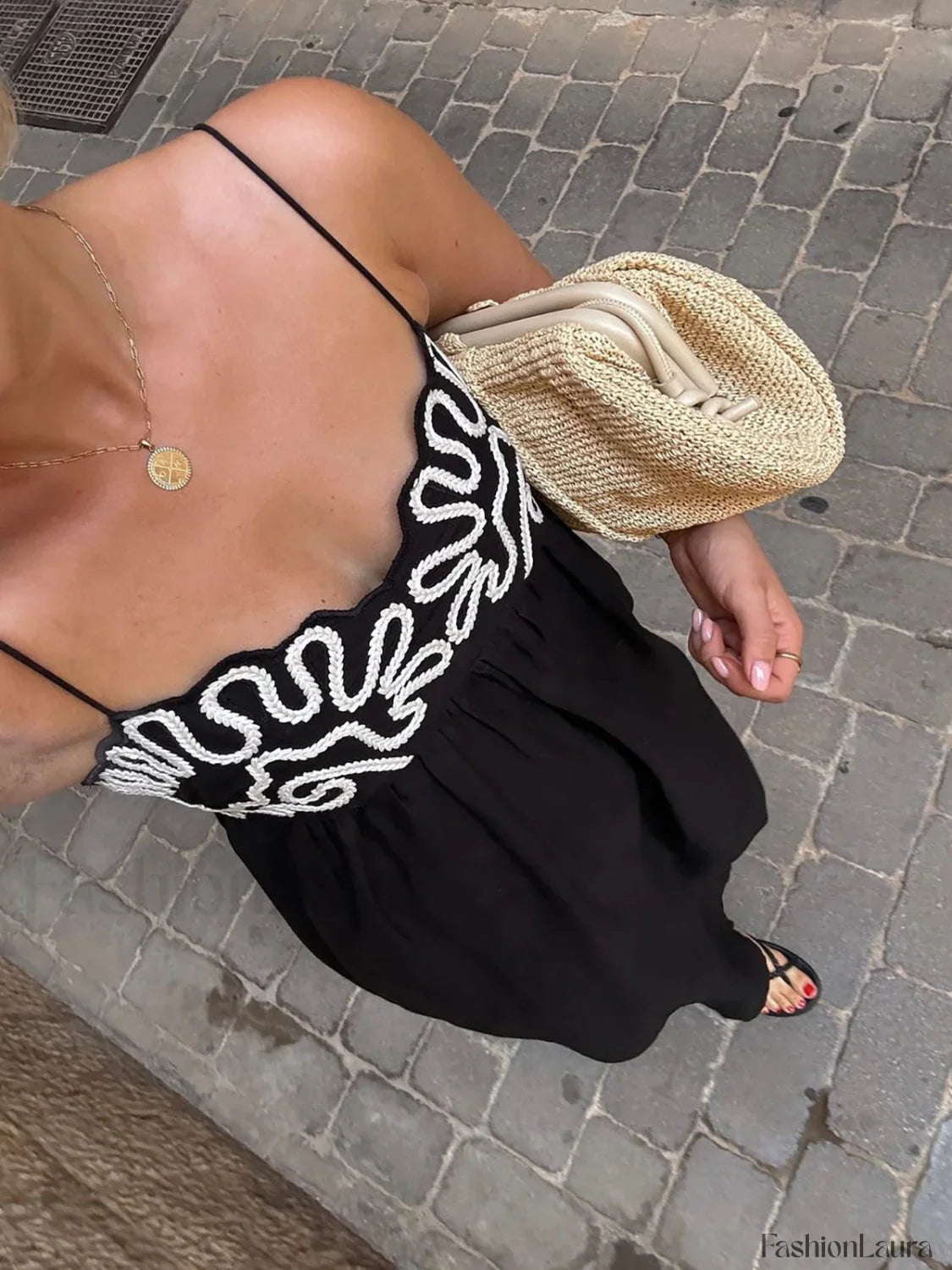 Embroidered Shirred Spaghetti Strap Long Dress
