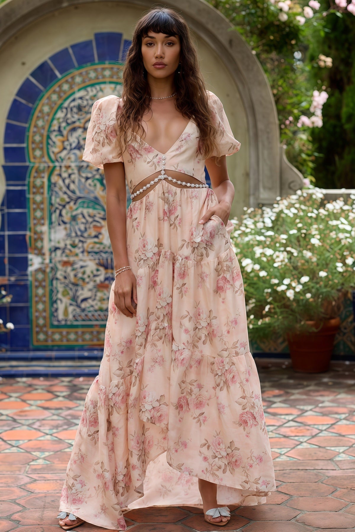 V-Neck Floral Rhinestone Waist Cutout Puff Sleeve Tiered Maxi Dress