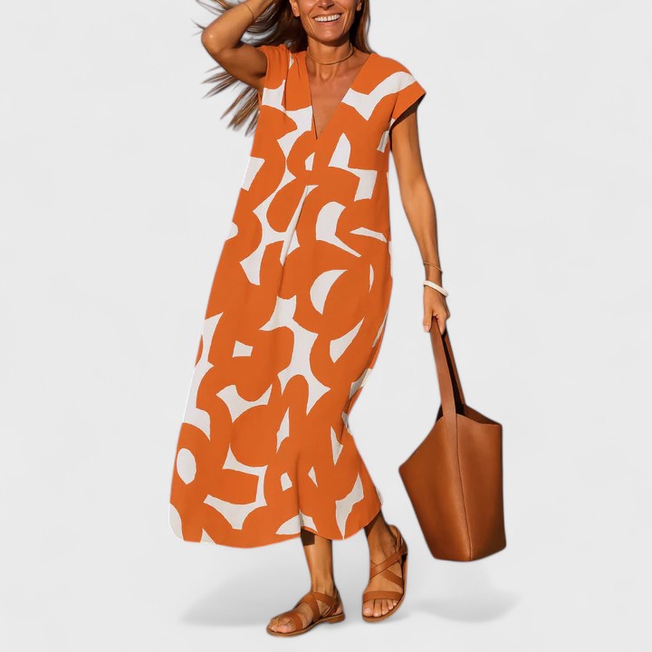 V-Neck Geometric Print Cap Sleeve A-Line Maxi Dress 7